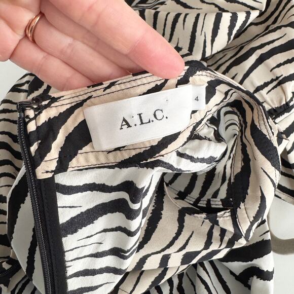 A.L.C. Black Beige Silk Kennedy Tiger-Printed Shift Midi Dress Size 4 - Picture 8 of 9